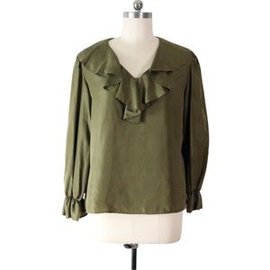 Vintage 90s olive pure silk ruffle top L large